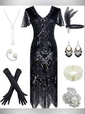 Flapper DRESS Women’s 3XL Gatsby 1920s V Neck Sequin Beads Fringe w/Accessories
